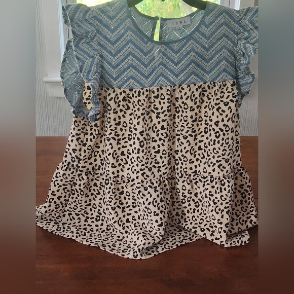 THML Tops - THML Blue Chevron & Cream Leopard Ruffle Sleeve Peplum Top